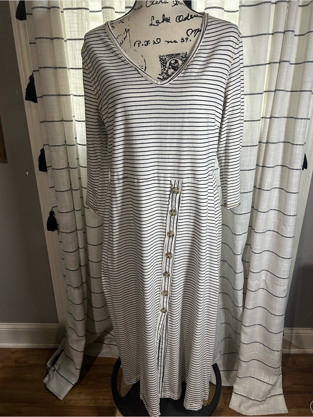 Striped V-Neck Button-Front Maxi Dress in White and Black